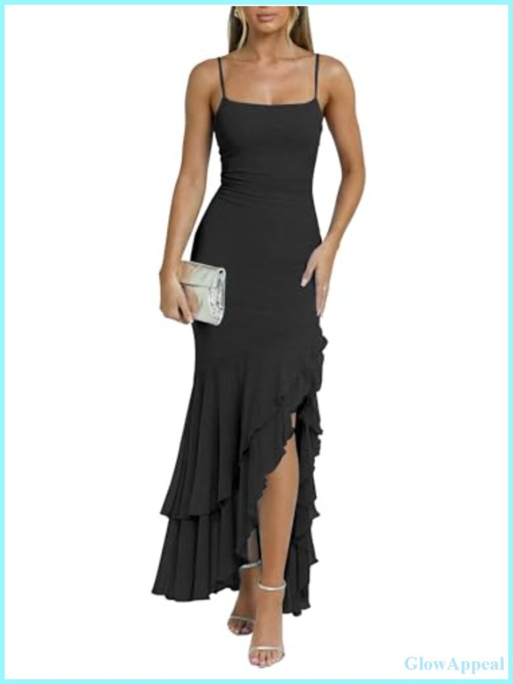 Mesh Spaghetti Strap Maxi Dress Ruched Mermaid Ruffle Hem Clubwear